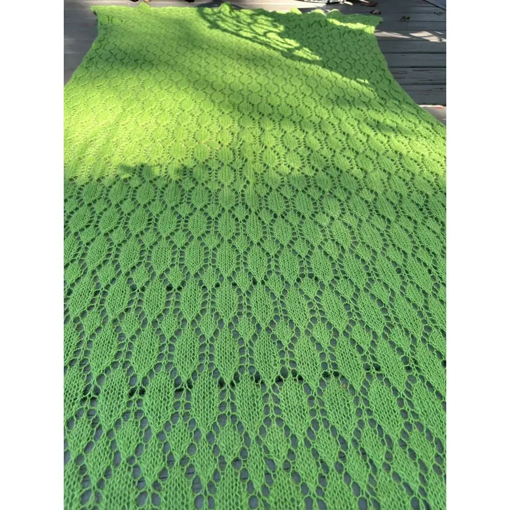 Mohair Wool Crochet Blanket lime green Hand Made Diamond Knit Throw 44x90” shawl